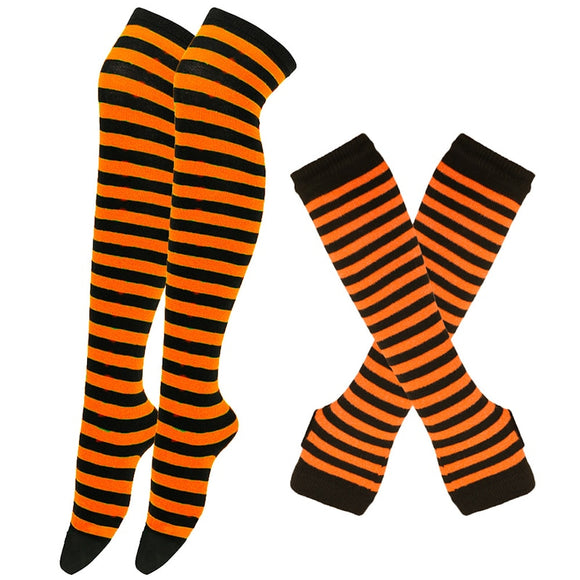 1 Set of Women Girls Over Knee Long Stripe Printed Thigh High Cotton Socks Gloves  Overknee Socks Mart Lion 19  