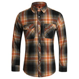 Plaid Shirt Autumn Men's Long Sleeve Vinatge Orange Double Pocket Camisas Social Button Shirts Men's Elegant Streetwear Mart Lion 8083-Black Asian M 48kg-52kg 