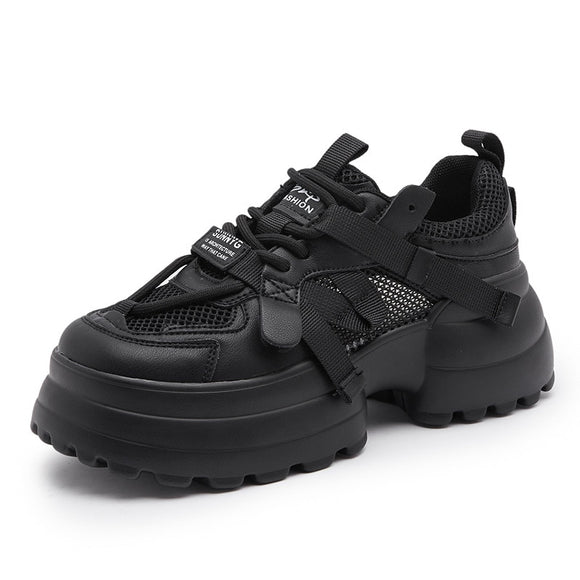 Women Genuine Leather Sneakers Increase Platform Shoes Casual Lace-up Breathable Zapatos De Mujer Mart Lion black 35 