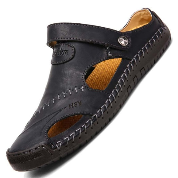 Men's Sandals Genuine Leather Breathable Rome Summer Outdoor Beach Slippers Soft Beach Mart Lion Black 38 