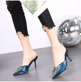 Big Rhinestone Square Buckle Pointed High Heels Women's Stiletto Heel Internet Celebrity Toe Slipper Sandals Fairy Mart Lion   