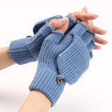 Wool Knitted Fingerless Flip Gloves Winter Warm Flexible Touchscreen Gloves Men Women Unisex Exposed Finger Mittens Glove Mart Lion Blue  