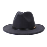 Black leather belt decoration Felt Hats Fedora Hat Men's Women artificial wool Blend Simple Wide winter Fedora Hats Mart Lion Dark Grey 56-58cm 