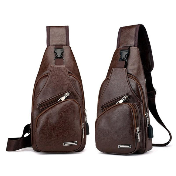 Men's USB Chest Bag Designer Messenger Crossbody Package PU Leather Shoulder Bags Package Travel Chest Bag Bolso Hombre  Mart Lion