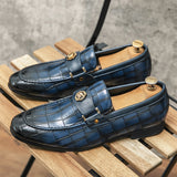 Men's Loafers Blue Brown Metal Decoration Classic Slip-on Dress Shoes with Mart Lion blue check 38 