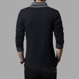 Autumn Men's T-shirt Patchwork V-Neck Long Sleeve Slim Fit Cotton Mart Lion   
