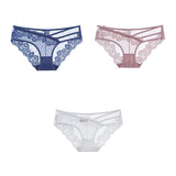 3pcs Lace Underwear For Women Low Waist Briefs Female Transparent Mesh Ladies Solid Panties Mart Lion blue-pink-white M China|3PCS