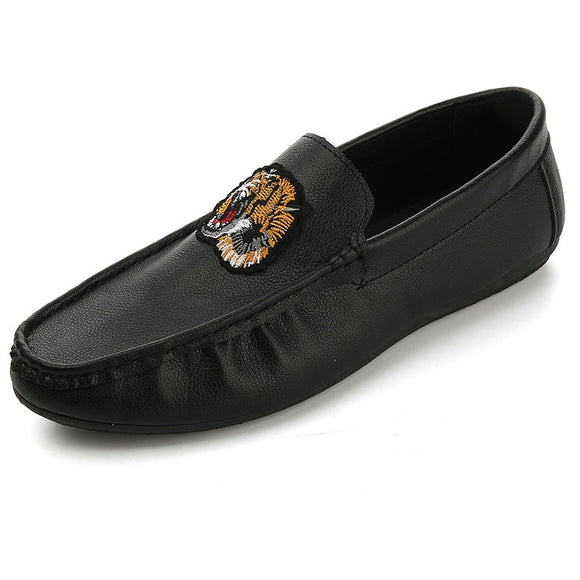 Men's Leather Casual Shoes Spring Summer Trend Lightweight Tiger Embroidery Cool Loafers Driving Mart Lion Black US 7  EU39 