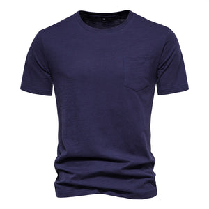 Outdoor Casual T-shirt Men's Pure Cotton Breathable Knitted Short Sleeve Solid Color Mart Lion Navy Blue EU size M 