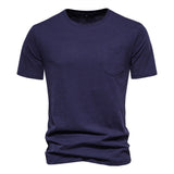 Outdoor Casual T-shirt Men's Pure Cotton Breathable Knitted Short Sleeve Solid Color Mart Lion Navy Blue EU size M 