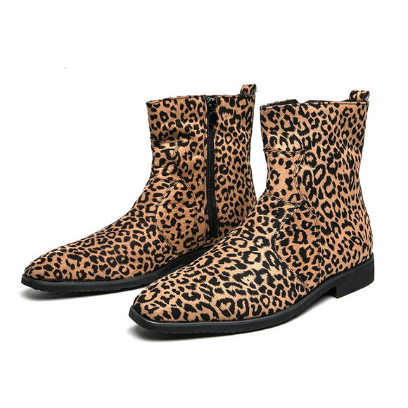  Men's Ankle Boots Suede Leather Leopard Pointed Toe Dress Shoes Zip Motorcycle Casual Party Footwear Mart Lion - Mart Lion