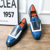 Men Loafers Shoes Beige Blue Leather Handmade Shoes Designer - MartLion