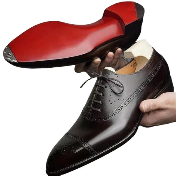 Red Sole Brogue Shoes of Men's Brown Black Round Toe Lace-up Wedding Dress