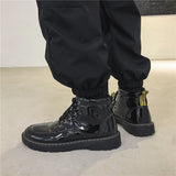 Summer Black Leather Shoes Men's High-Top All-Match Thick Bottom Increased Waterproof Boots Mid-TopTide Mart Lion Black 38 
