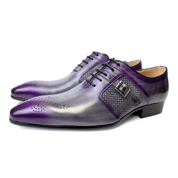 Luxury Brand Men's Dress Wedding Shoes  Brogues Leather Purple Mixed Colors Oxford Pointed Toe Mart Lion Purple 7 