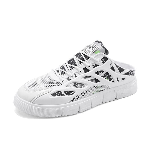 Fujeak Trendy Heelless Slippers Lightweight Men's Mesh Shoes Breathable Casual Slippers Non-slip Outdoor Half Slippers Mart Lion white gray 39 