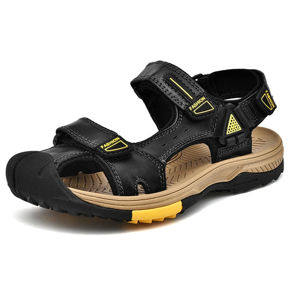 Summer Genuine Leather Men's Sandals Design Breathable Casual Shoes Soft Bottom Outdoor Beach Sandals Mart Lion Black 6.5 