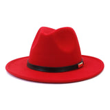 Black leather belt decoration Felt Hats Fedora Hat Men's Women artificial wool Blend Simple Wide winter Fedora Hats Mart Lion Red 56-58cm 