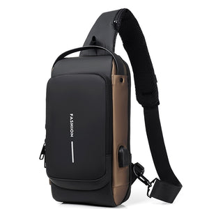 Multifunction Patent Leather Chest Bag Men's Waterproof Crossbody Bag Anti-theft Travel Bag Male USB Charging Chest Bag Pack Mart Lion Black gold 21x 9 x32 cm 