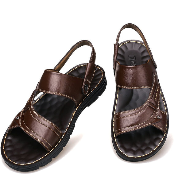 Men's Summer Leather Sandals Casual Beach Shoes Non-slip Slippers Two Shoes Mart Lion   
