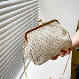 Autumn Straw Handbags Mini Shell Clip Shoulder Bag Ethnic Wind Single Shoulder Crossbody Chain Bag Woman Mart Lion White  