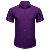 Summer Short Sleeve Shirts for Men's Single Pocket Standard Fit Button Down Purple White Solid Cotton Casual Shirt Mart Lion CY-2413 L 