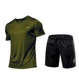 Men's Sportswear Tracksuit Gym Compression Clothing Fitness Running Set Athletic Wear T Shirts Mart Lion Army green Set M 