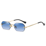 Rimless Rectangle Sunglasses Small Men Glasses Women Metal Gold Polygon Blue Shades UV400 Frameless Mart Lion Gold Blue As picture 