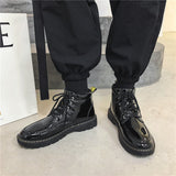 Spring and Summer Black Leather Shoes Men&#39;s High-Top All-Match Thick Bottom Increased Waterproof Fashion Boots Mid-TopTide Shoes  MartLion