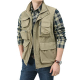 Men's Unloading Vest Tactical Webbed Gear Coat Summer Photographer Waistcoat Tool Many Pocket Mesh Work Sleeveless Jacket Mart Lion Khaki L 