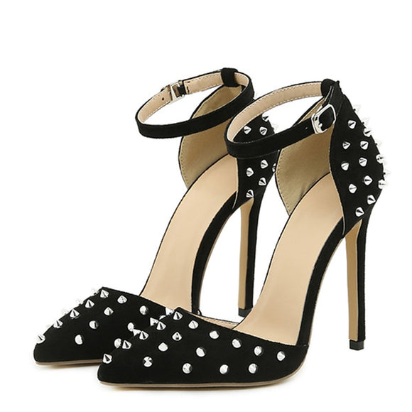Liyke Pointed Toe Woman Pumps Sandals Rivet Design Slingback High Heels Buckle Strap Summer Party Prom Shoes Black Mart Lion Black 35 