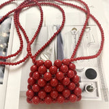 Pearl Bag Handheld Bead Bag Hyunya Wind Pearl Mini Small Bag Retro Handmade Bag Mart Lion Red  