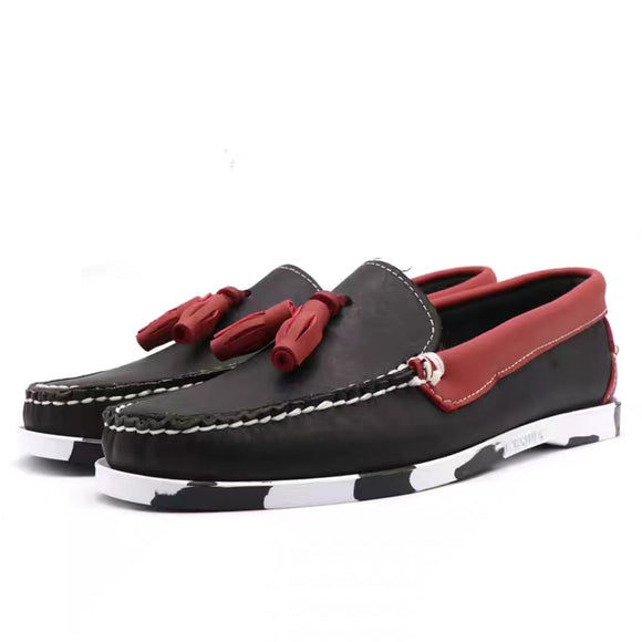 Men's Genuine Suede Leather Driving Shoes Docksides Classic Boat Design Flats Loafers Women Tassels Mart Lion Wine red black 5 China