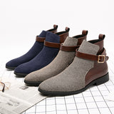 Men's Short Boots Buckle Strap Mixed Colors Blue Brown Shoes Handmade Ankle Mart Lion   