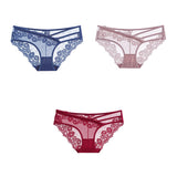 3pcs Lace Underwear For Women Low Waist Briefs Female Transparent Mesh Ladies Solid Panties Mart Lion blue-pink-red M China|3PCS