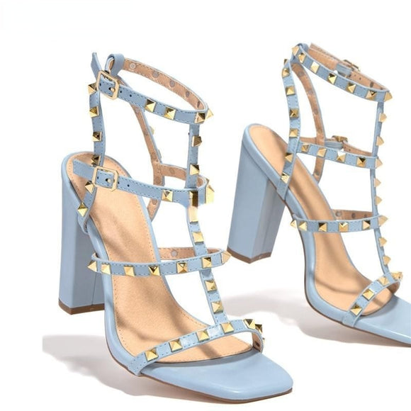 Luxury Brand Design Summer Rivet High Heels Women's Thick Heel Sandals Mid-heel Open Toe With PVC  Buckle Strap Square Heel