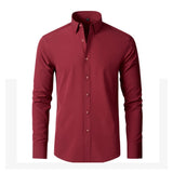 Four Season Classic Non-iron Men's Long Sleeved Casual Shirt Solid Color Mercerized Vertical Shirts Mart Lion wine red 38 45kg-53kg 