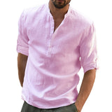 KB Men's Casual Blouse Cotton Linen Shirt Loose Tops Long Sleeve Tee Shirt Spring Autumn Casual Handsome Mart Lion Pink US S 50-60 KG 