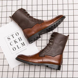 Men's Motorcycle Ankle Boots PU Color Matching Classic Retro Street Round Head Stitching Lace Casual Shoes Mart Lion   