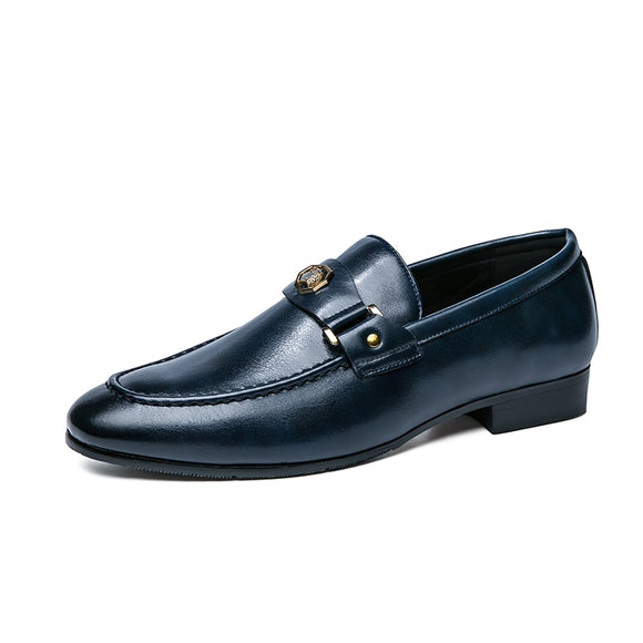Men's Loafers Blue Brown Metal Decoration Classic Slip-on Dress Shoes Mart Lion Blue 38 