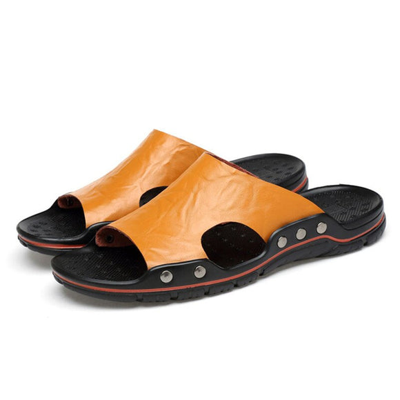 Summer Men's Sandals Genuine Leather Slippers Roman Flats Slippers Roman Style Beach Outdoor Flip Flops Mart Lion Yellow 6.5 