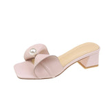 Women Sands Summer Korean Style Bowknot Slip-on Chunky Heel Simple Temperament Mid Heel Comfort Shoes Mart Lion Pink 35 