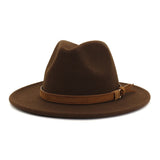Fedora Hat Men's Women Brown Leather Belt Decoration Felt Hats Autumn Winter Imitation Woolen For Women British Style Felt Hat Mart Lion Brown 56-58cm 