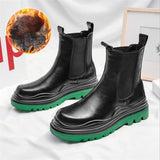 Men's Platform Chelsea Boots Thick Sole Split Leather Ankle shoes Round Toe Short Mart Lion Fur Green 38 