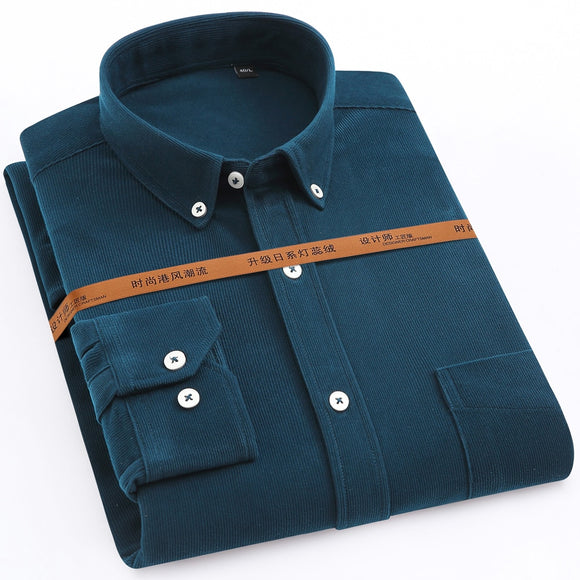 Men's Long-Sleeve Corduroy Shirt Single Patch Pocket Work Casual Standard-fit Button-down Mart Lion   