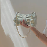 Girl Pearl Bow Handbags Underarm Bag for Woman Summer Small Fresh Fairy Bag One-shoulder Hand-held Messenger Bag Mart Lion Aqua green  