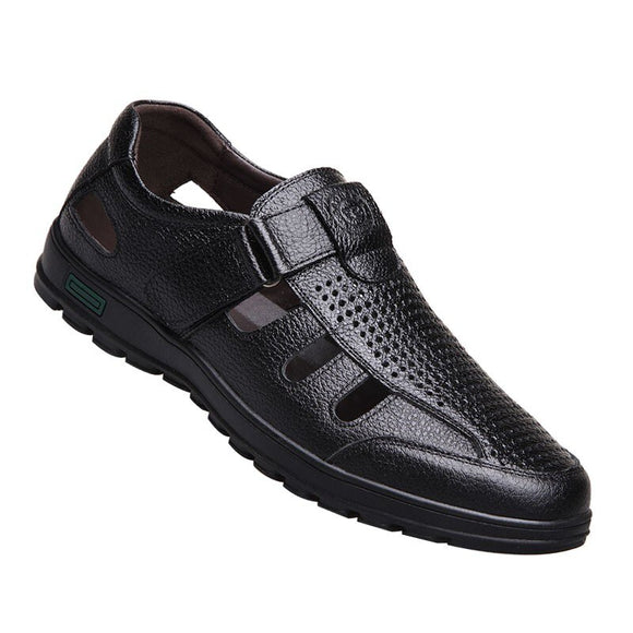 Leather Summer Men's Beach Sandals Hollow Outdoor Water Sport Sneakers Office Dress Casual Father Loafers Shoes Mart Lion Black 6 