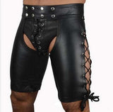 Lingerie Gay Men's Faux Leather Lace Up Pants Black Men's Latex PVC Bondage Open Cortch Shorts Gothic Fetish Mart Lion Back hollow M 