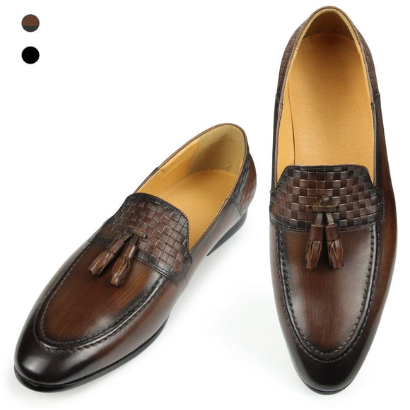 Shoes men's Casual one-step Black Brown Elegant pointed toe Pull-on Driving Office Place Tassel Braided Mart Lion   