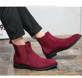 Chelsea Boots Men Wine Red Black Faux Suede Low-heeled Handmade - MartLion